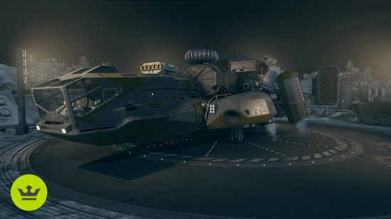 Starfield switch ships: The Mantis parked on a landing pad.