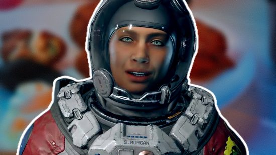 Starfield Trilo Bites recipe: an image of Sarah Morgan in a spacesuit