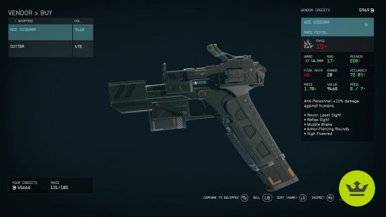 Starfield unique weapons: Ace Sidearm unique pistol in the vendor inventory screen.