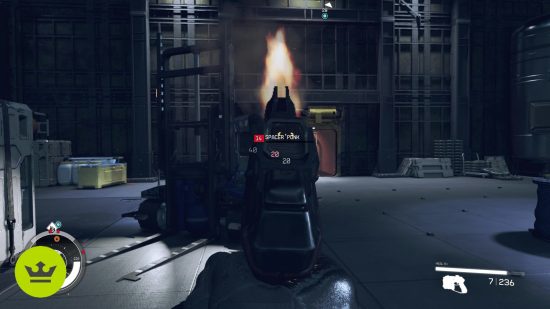 Starfield best unique weapons: The player firing at an enemy with a pistol.