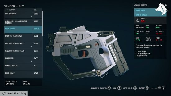 Starfield unique weapons: Boom Boom in the vendor inventory menu.