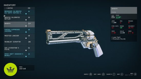 Starfield unique weapons: Deadeye in the player's inventory.