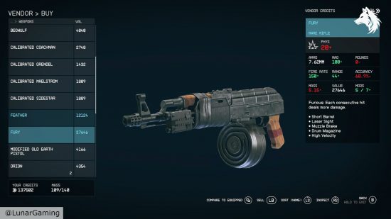 Starfield unique weapons: Fury in the weapon vendor interface.