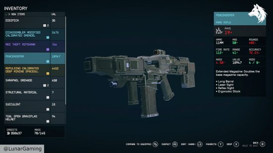 Starfield unique weapons: Peacekeeper in the inventory screen.