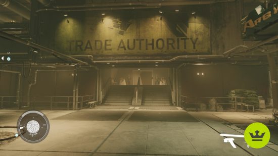 Starfield contraband sell: The front of a Trade Authority shop in The Well, where you can sell contraband items.