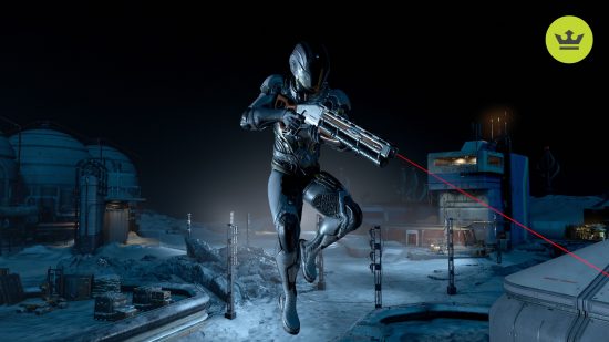 Starfield review: someone in a futuristic black spacesuit hovers above a snowy outpost, holding a large rifle with a red laser sight