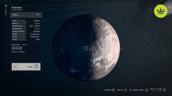 Starfield XP farm: An in-game screen showing a large grey planet with a grid of planet data next to it