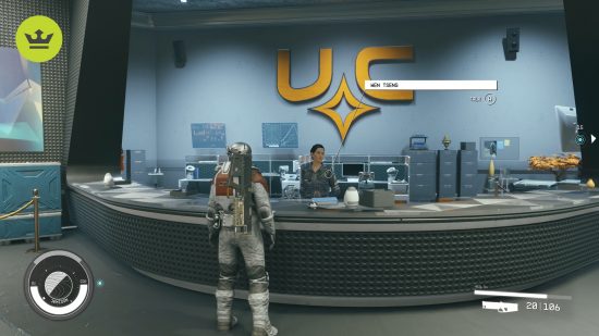 Starfield best XP farm: a player in a spacesuit stands at a curved front desk, with a vendor stood behind it
