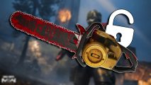 Call of Duty Warzone unlock Doom Chainsaw MW2: The CoD Doom Chainsaw item against a blurred background of Season 6 gameplay, with an open padlock icon behind the eponymous weapon.