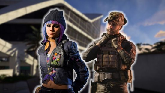 XDefiant release date: A purple and blue-haired character wearing a beanie and jacket adorned with badges, with Call of Duty character Captain price stood next to her in military gear