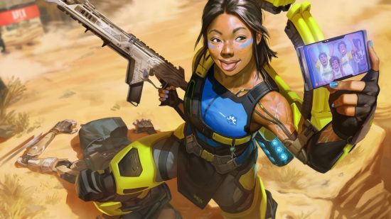 Apex Legends Season 19: Artwork of Conduit posing with a weapon in one hand and a phone in the other.