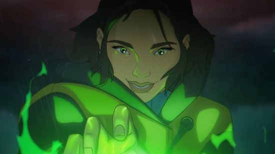 Apex Legends Season 19: A woman stares excitedly and stretches out her hand toward a green glow in front of her