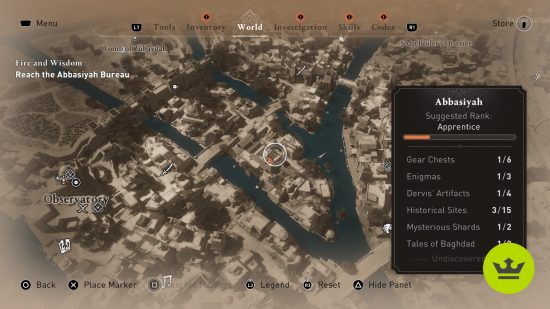 Assassin's Creed Mirage A Challenge Enigma: A zoomed-in screenshot map showing the location and solution to the A Challenge Enigma riddle.