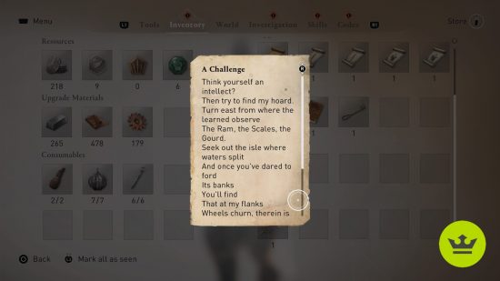 Assassin's Creed Mirage A Challenge Enigma: The poem from the Enigma puzzle viewed in the inventory screen.