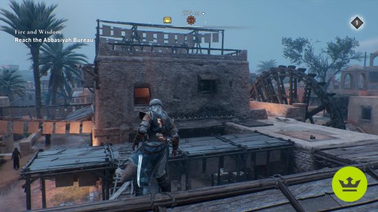 Assassin's Creed Mirage A Challenge Enigma: The player standing on a nearby rooftop, looking at the puzzle building at night, with a large waterwheel on the right side.