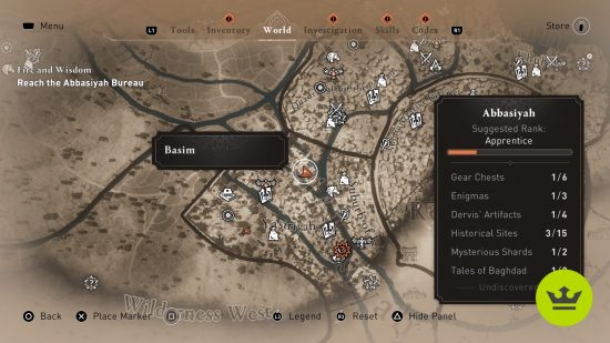 Assassin's Creed Mirage A Challenge Enigma: A zoomed-out map showing the location and solution to the A Challenge Enigma puzzle.