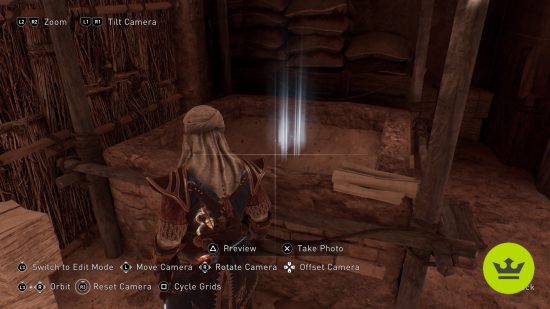 Assassin's Creed Mirage A Challenge Enigma: The player looking at the A Challenge Enigma location inside a small, square trough made of brick.