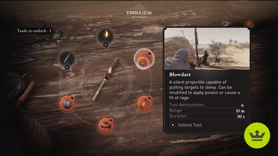 Assassin's Creed Mirage best tool: The Blowdart in the menu to pick tools.
