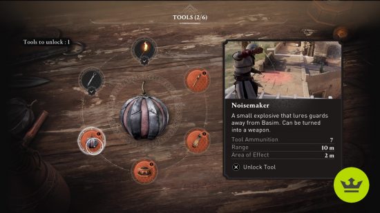 Assassin's Creed Mirage best tool: The Noisemaker in the tool selection screen.