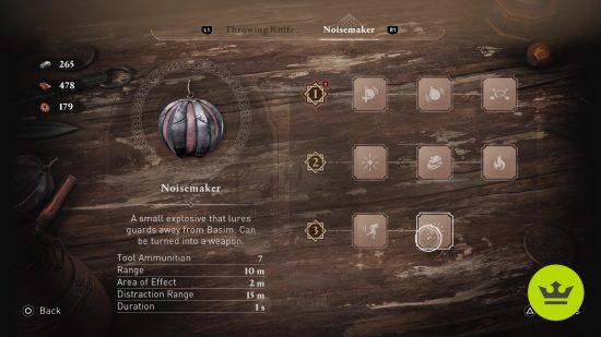 Assassin's Creed Mirage best tool: The Noisemaker upgrades in the tool screen.