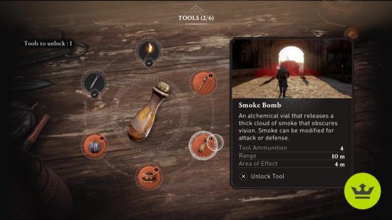 Assassin's Creed Mirage best tool: The Smoke Bomb viewed in the tool selection screen.