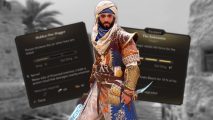 Assassin's Creed Mirage best weapons: Basim wearing a merchants outfit and holding a sword and dagger, set against a black & white background. Two weapon information panels are blurred behind him.