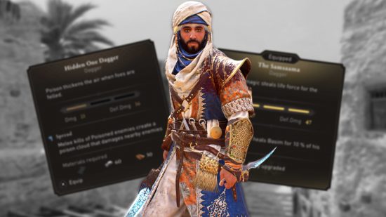 Assassin's Creed Mirage best weapons: Basim wearing a merchants outfit and holding a sword and dagger, set against a black & white background. Two weapon information panels are blurred behind him.