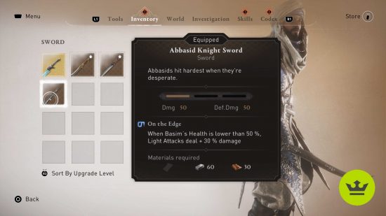 Assassin's Creed Mirage best weapons: The Abbasid Knight Sword in the weapon inventory menu.