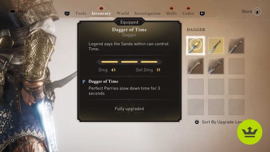 Assassin's Creed Mirage best weapons: The Dagger of Time shown in the inventory page.