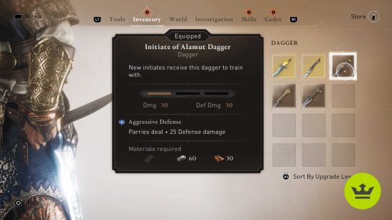 Assassin's Creed Mirage best weapons: The Initiate of Alamut Dagger in the inventory screen.