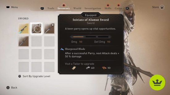 Assassin's Creed Mirage best weapons: The Initiate of Alamut Sword in the inventory page.