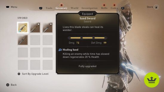 Assassin's Creed Mirage best weapons: The Sand Sword in the weapon inventory.