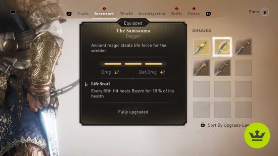 Assassin's Creed Mirage best weapons: The Samsaama in the weapon inventory screen.