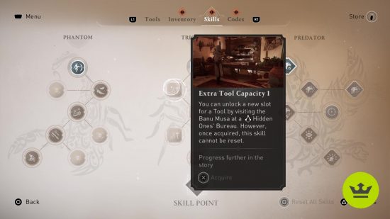 Assassin's Creed Mirage best tool: The Extra Tool Capacity skill in the Trickster skill tree.