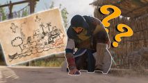 Assassin's Creed Mirage Left Behind Enigma: Basim digging into the sand, with a picture of a hand-drawn diagram and two yellow question marks behind him.
