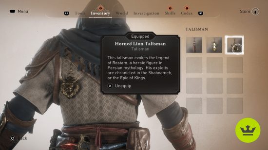 Assassin's Creed Mirage Left Behind Enigma: The Horned Lion Talisman reward from the Left Behind puzzle being worn by Basim in the inventory screen.