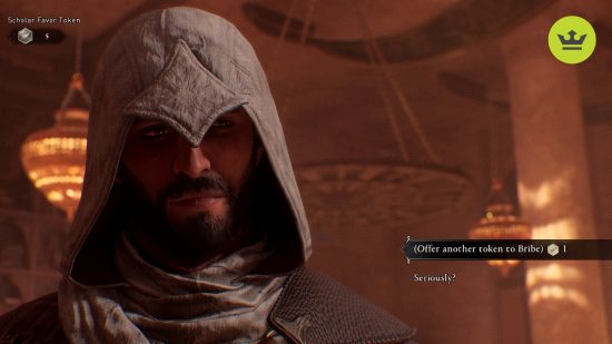 Assassin's Creed Mirage review: Basim bribing a scholar
