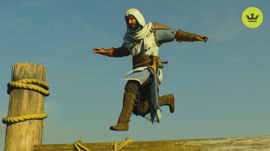 Assassin's Creed Mirage review: Basim jumping onto a wooden beam