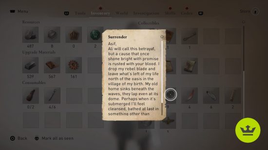 Assassin's Creed Mirage Surrender Enigma: The note to Asif, the clue used to solve the Surrender Enigma puzzle, viewed in the inventory screen.
