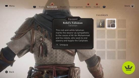 Assassin's Creed Mirage Surrender Enigma: The Rebel's Talisman view in the inventory screen, the reward for solving Surrender.