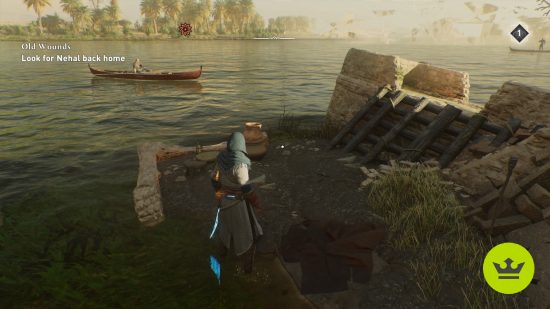 Assassin's Creed Mirage Surrender Enigma: The player looking at the rubble of a partially submerged house in Ukbara village, the solution to the Surrender puzzle.