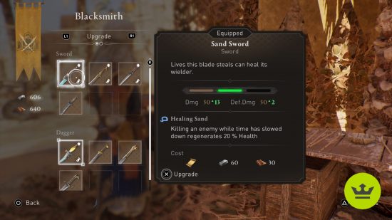 Assassin's Creed Mirage best weapons: The blacksmith merchant's weapon upgrade menu.
