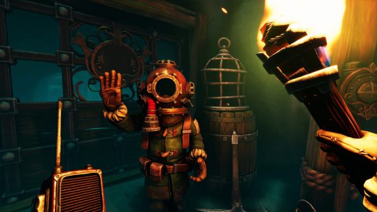 Best co-op games: a character in a vintage diving suit waving in We Were Here Forever