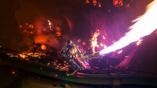 Best FPS games: A Dwarve firing a flamethrower while riding a board on a pipe in Deep Rock Galactic.