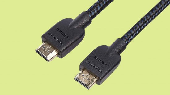 Best HDMI cables: AmazonBasics Braided HDMI cable in front of a green background
