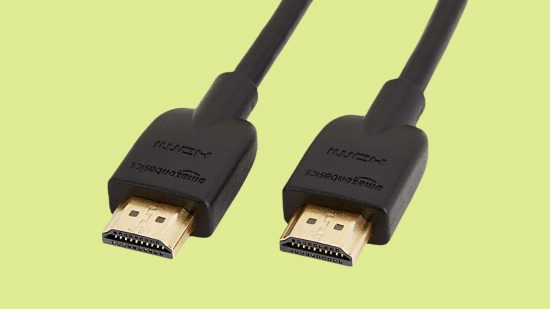 Best HDMI cables: AmazonBasics High-Speed HDMI cable in front of a green background