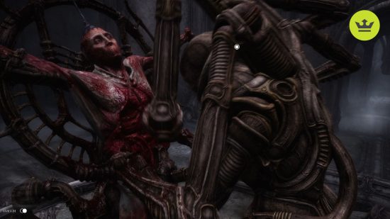 Best horror games: a machnical creature next to a blood-covered humanoid in Scorn
