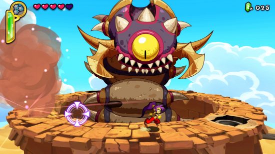 Best Metroidvania games: the purple-haired Shantae taking on a one-eyed worm boss in Shantae Half Genie Hero