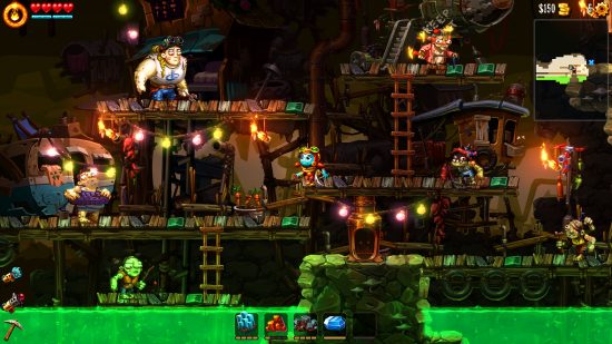 Best Metroidvania games: a rickety old town built on multiple layers in SteamWorld Dig 2