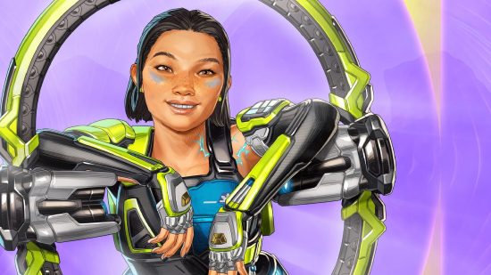 Best multiplayer games: Apex Legends Conduit holding onto her gear in wallpaper with purple background